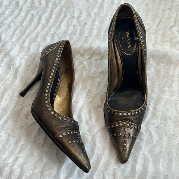 PRADA CALZATURE DONNA FUME STUD CAMMELLO SIZE 36.5 US 6.5 medieval stiletto heel - Picture 11 of 11